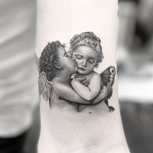 Experience micro realism with this black & gray illustrative tattoo of an angel and cupid by Dani Mawby.