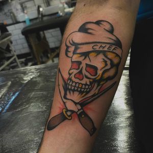 Get a classic traditional skull tattoo on your lower arm in the vibrant city of London.