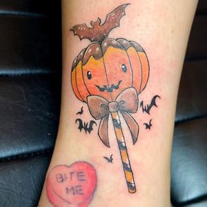 Pumpkin Halloween Lollipop Tattoo Design on Ankle