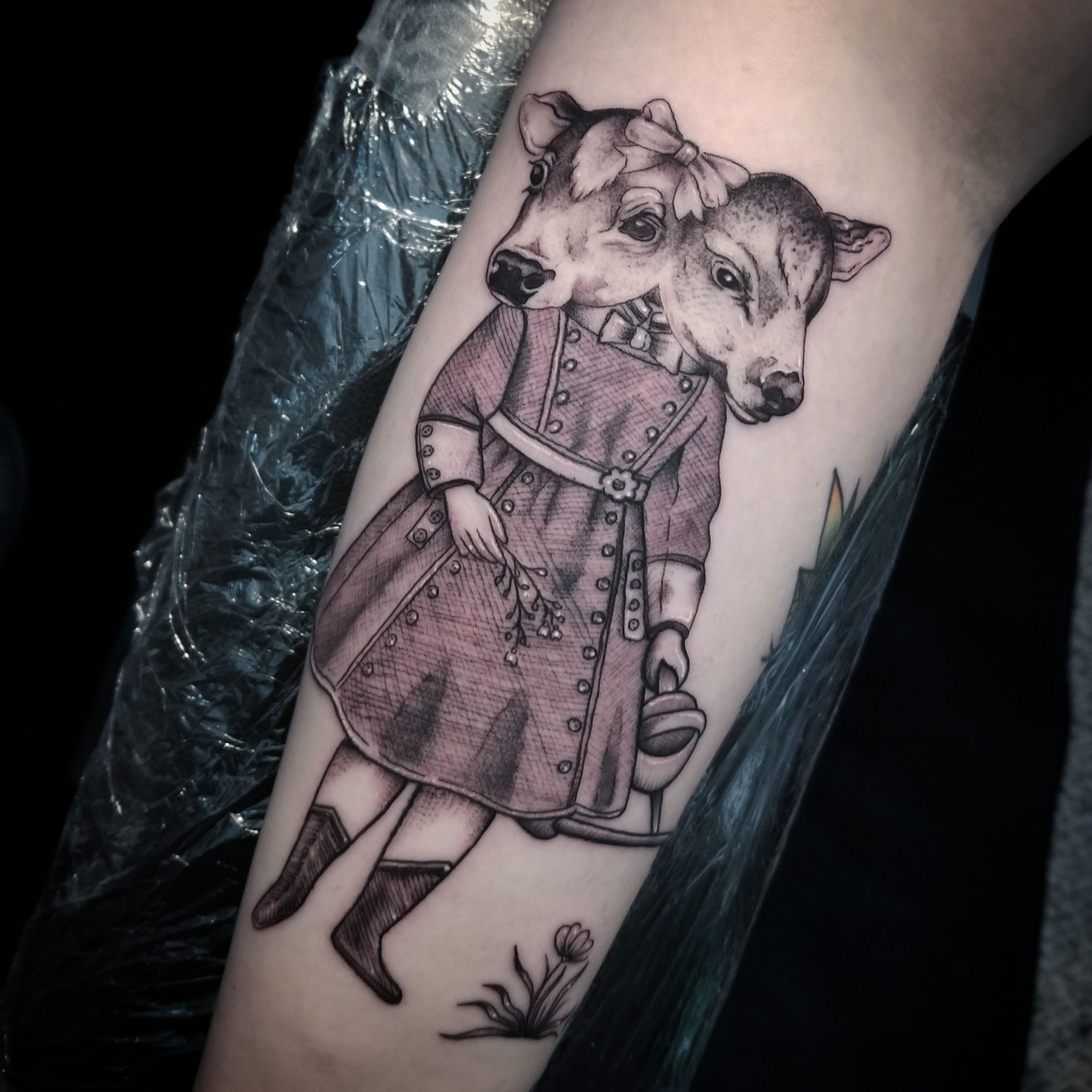 sweet pink calf on myself based off the poem the two headed calf by laura  gilpin  5rl  7rs  25 hours  madalynpokes on instagram  rsticknpokes