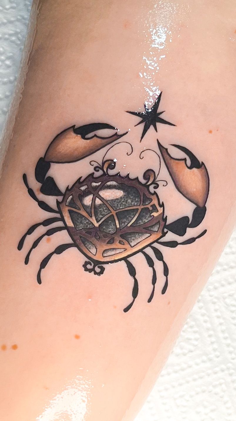 A Cancer Astrology Tattoo, four months healed, by Kylie Jenkins at Lucky's  in Cambridge, MA : r/tattoos