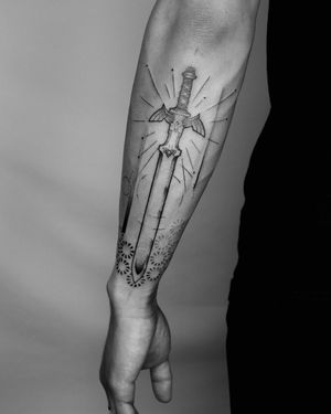 A bold blackwork sword design intertwined with intricate patterns by Marcos on forearm.