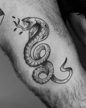 Elegant and bold snake design on the arm, created with intricate blackwork technique by skilled artist Marcos.