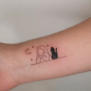 Fine line illustrative tattoo on forearm featuring a moon, cat, and girl by Nic V. A mystical and captivating design.