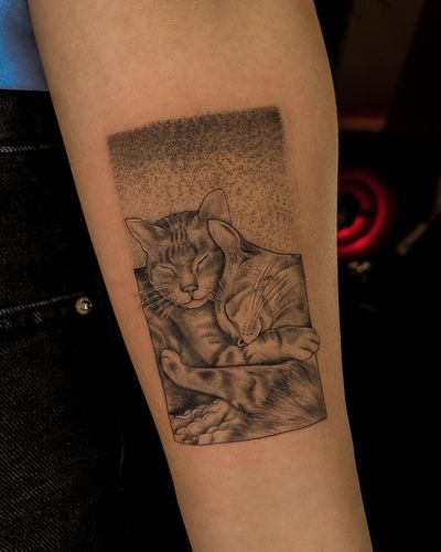 Fabian Lopez Barreda's illustrative blackwork cat tattoo on the forearm combines realism and artistry.
