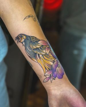 Unique piece by Fabian Lopez Barreda, combining elegant bird and flower motifs in a neo-traditional illustrative style.