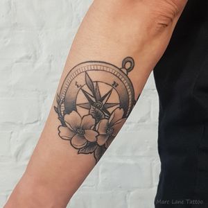 Compass tattoo, marc lane, compass and flowers