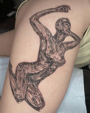 #Sorayama robot girl, made entirely with a single needle, except the white highlights. Email NYC@ThreeKingsTattoo.com for all booking requests.