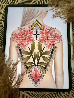 Flower Backpiece Conzept by Elena Wolf (Wolf Wood Ink)