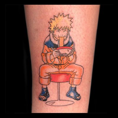 Illustrative forearm tattoo featuring a delicious bowl of ramen from your favorite anime, Naruto. Created by Drone.