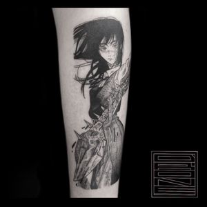 A stunning blackwork tattoo of a woman, beautifully illustrated on the forearm by Drone. Perfect for those seeking a bold and unique design.