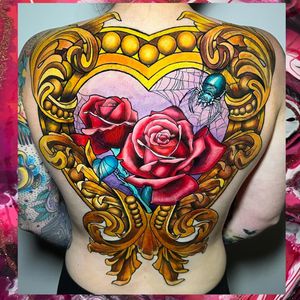 Rose Back Tattoo Done By Brittany Hayward 
#rosetattoo #backtattoo #colorfultattoo #tattooart #tattooartist #tattooist #tattoo #frametattoo #floraltattoo #goldtattoo #goldframetattoo #neotrad #neotradtattoo #neotraditionaltattoo #tattoostudio #bodyart #inkedup #tattoodesign #tattooink #tatuajes #tattooinspo #brittanyhayward #haybrittany#tattooist #theplasticflamingo #tpf #daytona #daytonabeach #daytonatattoo #daytonabeachtattoo #tattoodesign #tattooing #spidertattoo #spider #colortattoo #bodyart #tattoomodel #feminine #girlytattoo #spiderwebtattoo #femininetattoo
