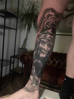 Roman and Greek Warriors leg tattoo
