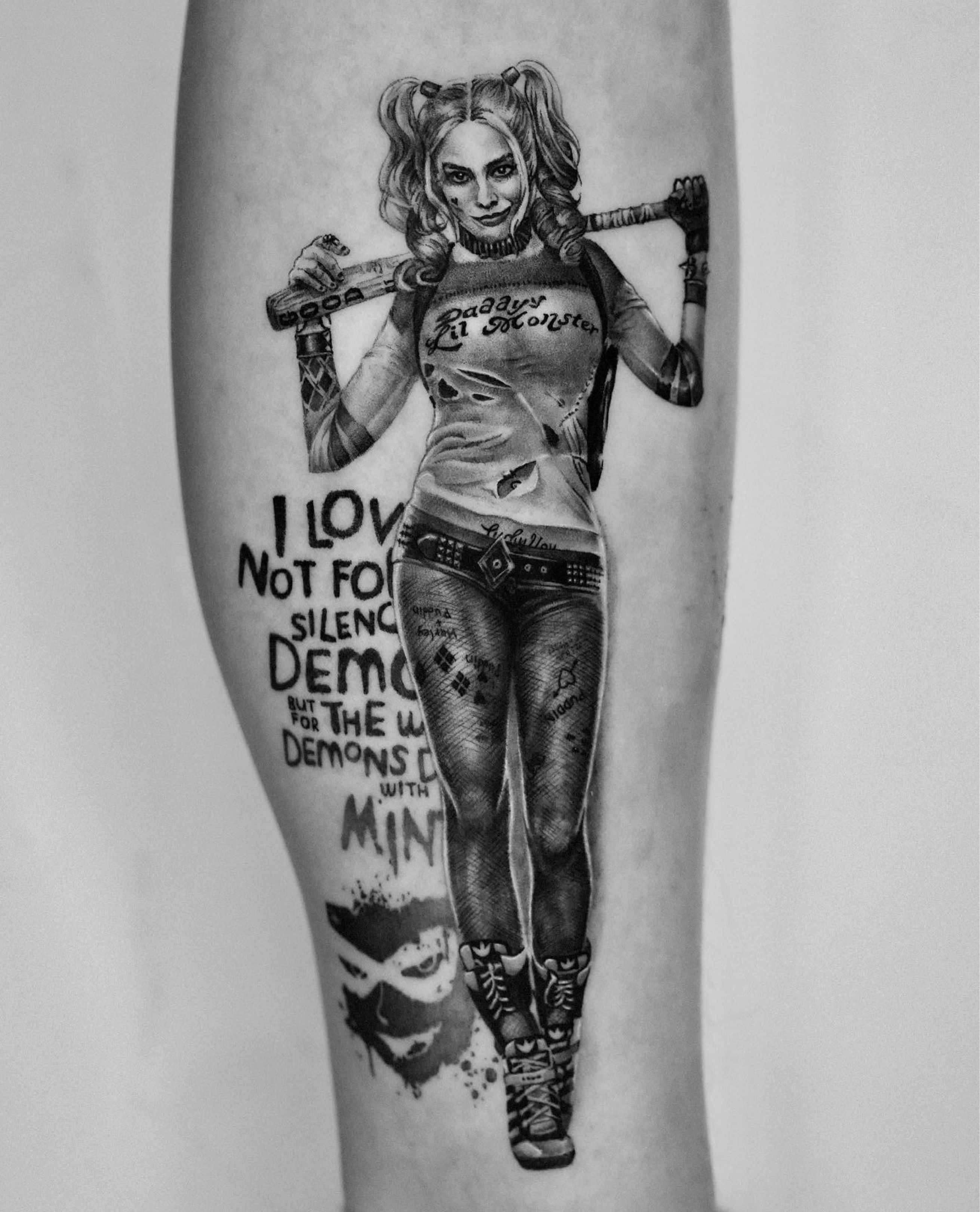 tattoo design of margot robbie as harley quinn with a | Stable Diffusion