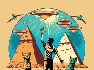 Inspiration A human catching 2 cats falling from a ufo, egypt background