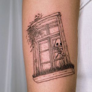 Fine line illustrative arm tattoo by Erin featuring a ghostly flower peeking through a window design.