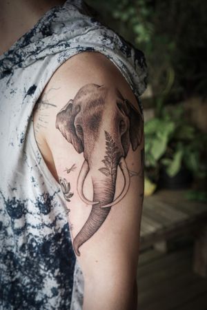 𝙄𝙂: 𝙣𝙖𝙩𝙚_𝙩𝙝𝙖𝙞𝙡𝙖𝙣𝙙 🌿 Realistic Thai elephant tattoo with fern leaves by Thai tattooist in Chiang Mai