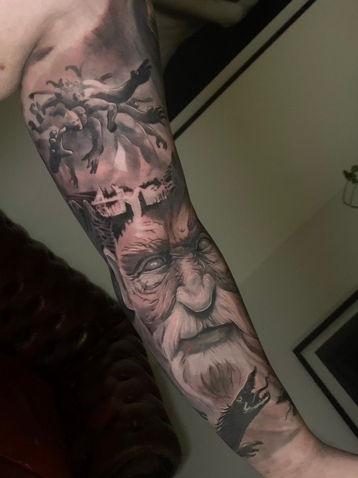 black and grey greek sleeve tattoo | Sleeve tattoos, Realistic tattoo sleeve,  Black and grey tattoos sleeve