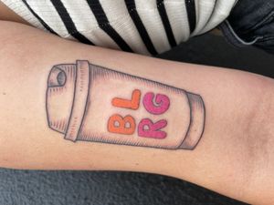 Get a tasty twist with this new school lettering tattoo featuring a Burger King cup, expertly done by Ermis Atzemoglou on your upper arm.