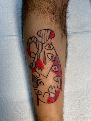Get unique and artistic lower leg tattoo featuring a fine line vase and eyes by talented artist Ermis Atzemoglou.