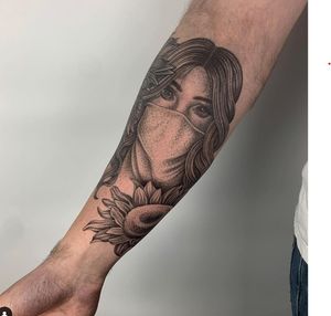 Unique forearm tattoo featuring a beautiful woman design in a mix of dotwork and neo-traditional style by artist Karen Buckley.