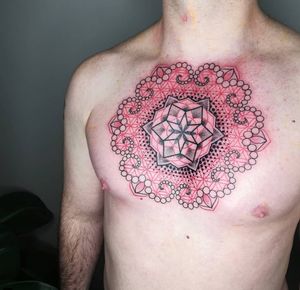Elegant dotwork mandala pattern by Karen Buckley, perfect for chest placement