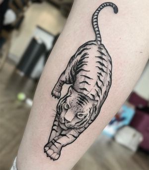 Experience the power and beauty of a fierce tiger with this black and gray fine line tattoo by Federico Colantoni. Perfect for the lower leg!