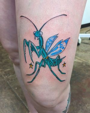 Get mesmerized by Shane's illustrative mantys tattoo on your upper leg, a true masterpiece.