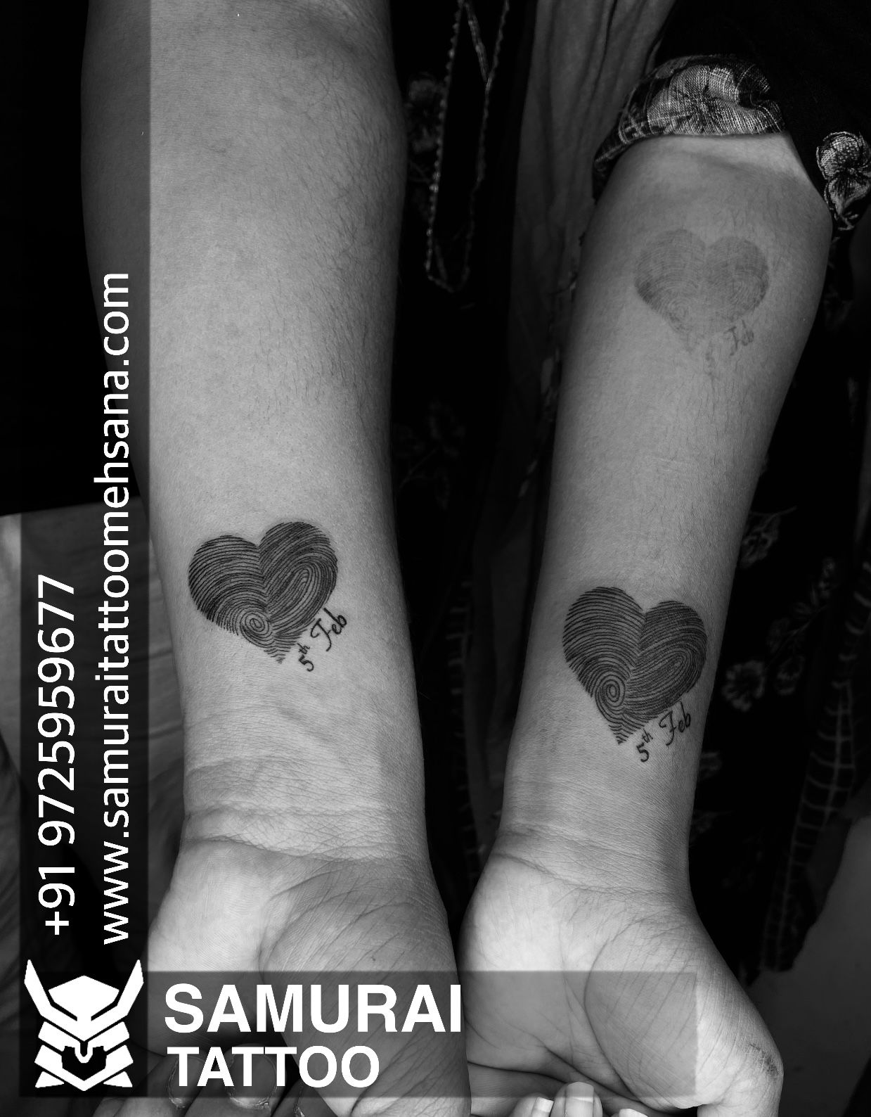 Matching fingerprint and heartbeat tattoo for sisters.