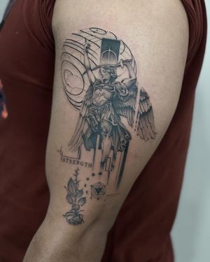 Blackwork tattoo on upper arm featuring a geometric angel holding a sword with intricate patterns. Includes quote. By Lawrence.