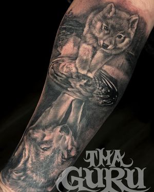 Impressive black and gray wolf tattoo on forearm, created by talented artist Corei. The detailed realism brings the wolf to life.