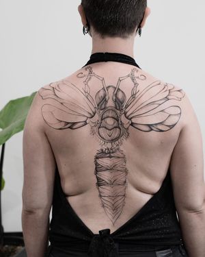Enjoy the intricate details of this blackwork, illustrative dragonfly tattoo adorning your back, expertly crafted by Polina.
