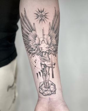 A striking blackwork and dotwork tattoo on the forearm, featuring geometric patterns and illustrative angel wings. Created by Lawrence.