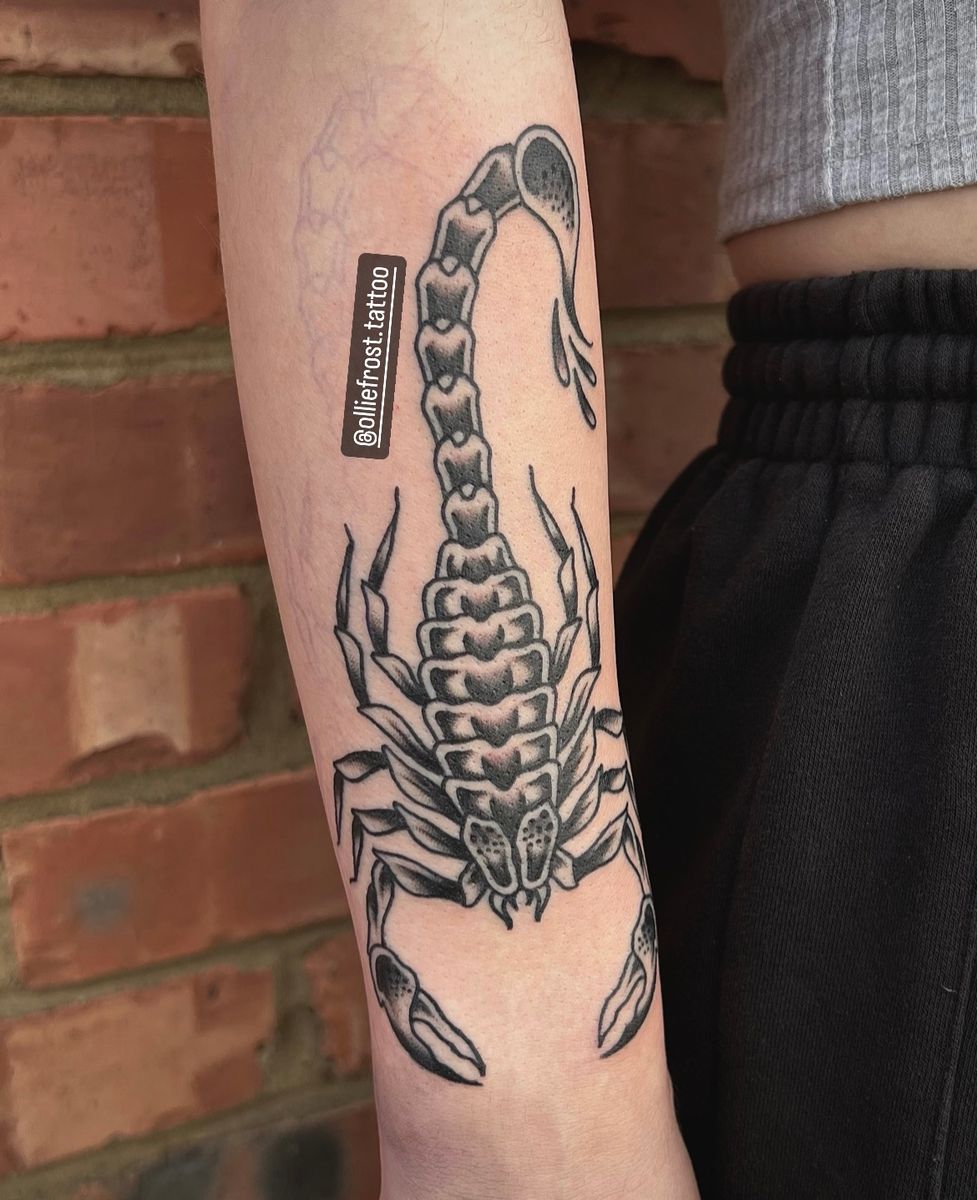Tattoo uploaded by Ollie Frost • Black and grey trad scorpion • Tattoodo