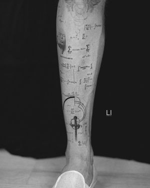 Elegant fine line tattoo on lower leg combining pattern, small lettering, and a math quote. Created by the talented artist Ali Aman.