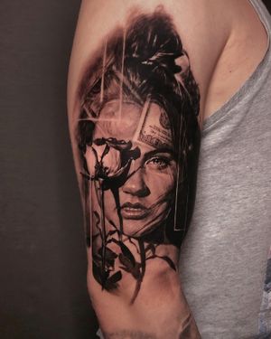 Rose Money Woman Portrait Realistic Tattoo