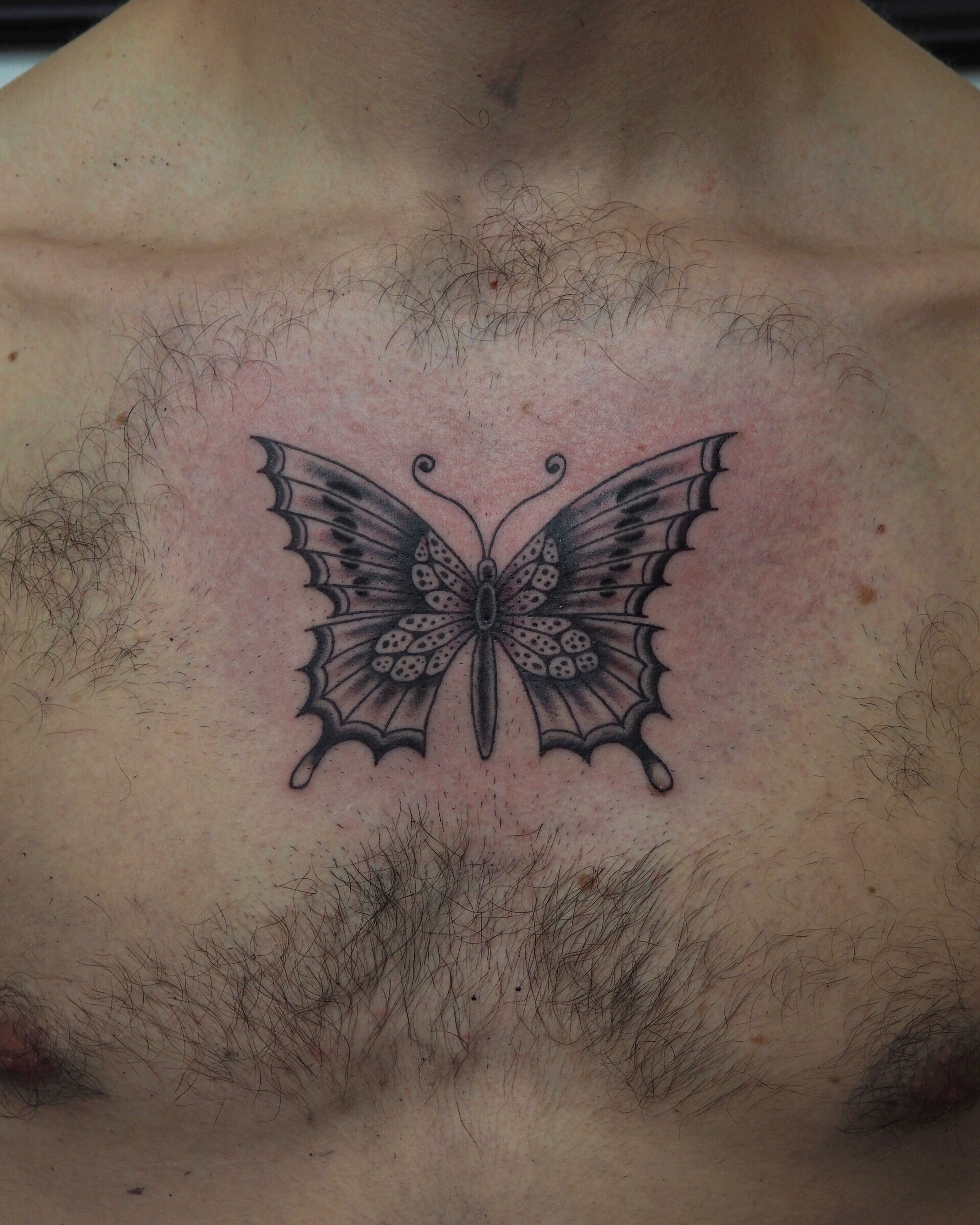 Tattoo uploaded by Alex Travers • #butterfly #butterflytattoo #fineline #blackandgrey #chest tattoo #smalltattoo • Tattoodo