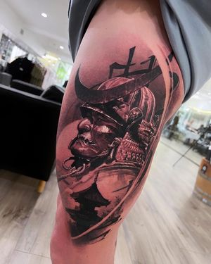 Realistic Samurai Thigh Tattoo