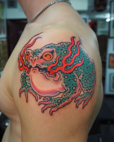 #frog #toad #flames #japanese #traditional #colourtattoo #armtattoo