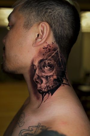 Surrealistic Skull Portrait Neck Throat Tattoo