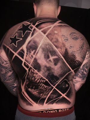 Skull Halftone Mixed Realistic Full Back Piece Tattoo
