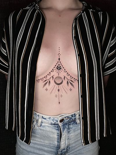 Another sternum/underboobs piece. #ornamental #delicate #feminine #dotwork #elegant #femaletattooartist #tattooideas #cutetattoo #prettytattoo #girlytattoo #sternumtattoo #eleganttattoo #underboobstattoo #moontattoo