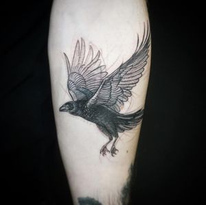 Get a striking black and gray crow tattoo on your forearm with fine line sketchwork by artist Aygul.