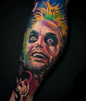 Unique anime-style illustration of Beetlejuice, man, ghost, and girl on lower leg by Cloto.tattoos