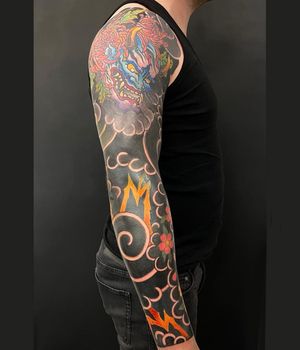 Stunning masterpiece combining flowers, devils, and horns in a traditional Japanese illustrative style. Let Kiko Lopes bring this unique design to life on your sleeve.