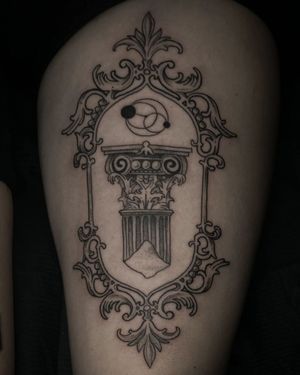 Fine line black and gray tattoo on upper leg by artist Luca Salzano, featuring elegant filigree design.