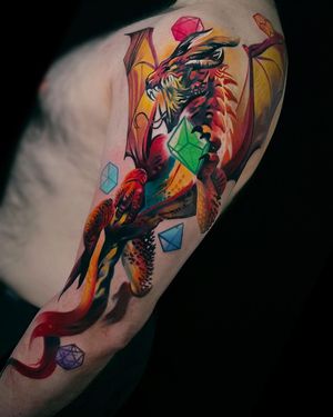 Discover the perfect blend of fantasy and luck with this striking anime-inspired tattoo by Cloto.tattoos. A majestic dragon intertwined with intricate dice designs.