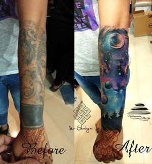 Avi's unique watercolor tattoo blends galaxy, moon, planet, and tree motifs on the forearm for a celestial forest vibe.