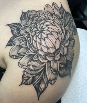 Exquisite peony flower tattoo by Letitia Mortimer, beautifully designed in traditional Japanese style on the shoulder.