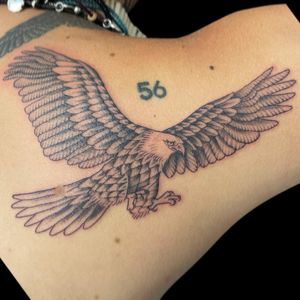 Experience the power of Letitia Mortimer's black and gray eagle design on your upper back. A symbol of strength and freedom.